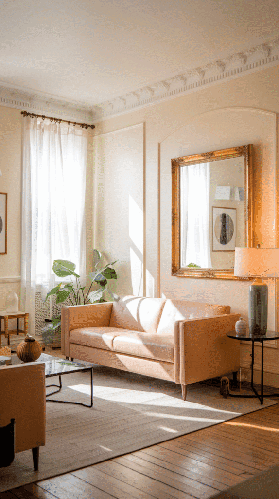 Warm neutral living room with creamy white walls and soft textures