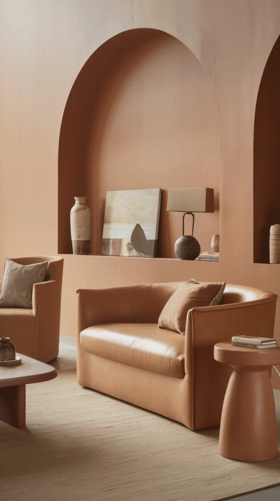 Warm neutral living room with earthy blush and sand-toned paint