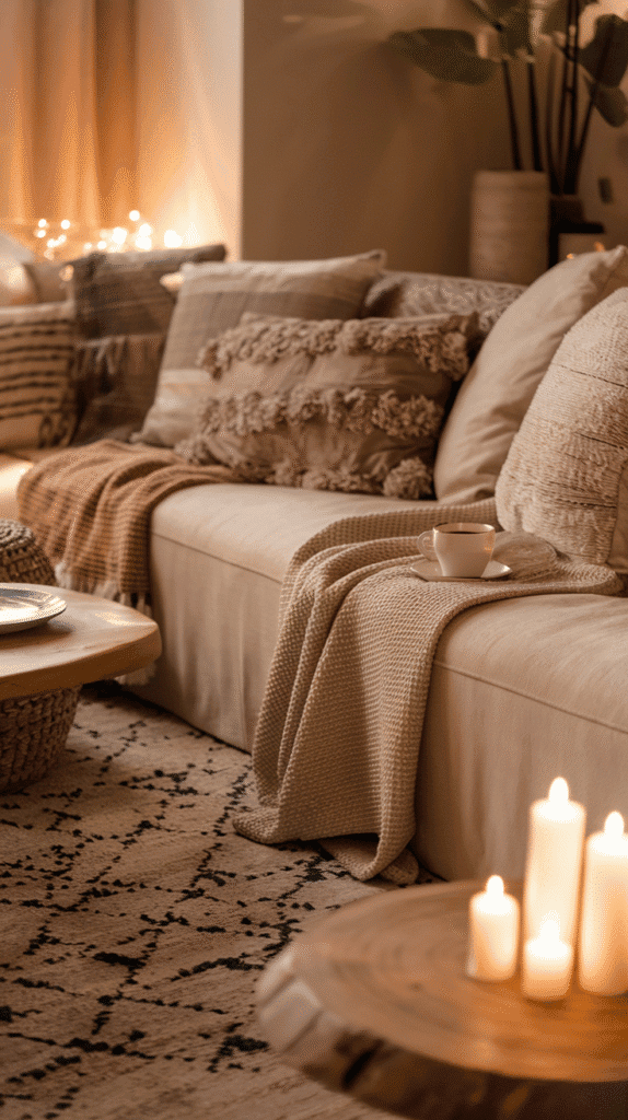 Cozy warm neutral living room with layered paint tones and lighting
