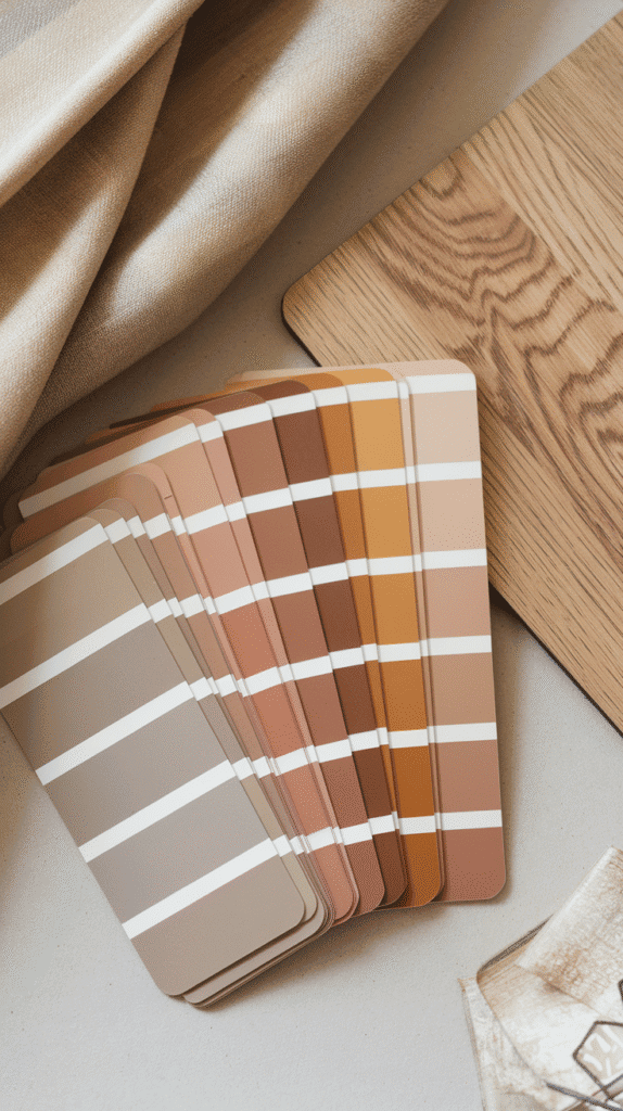 Paint swatches for warm neutral living room wall color selection