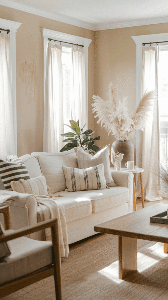 Living room with soft beige paint in a warm neutral color scheme