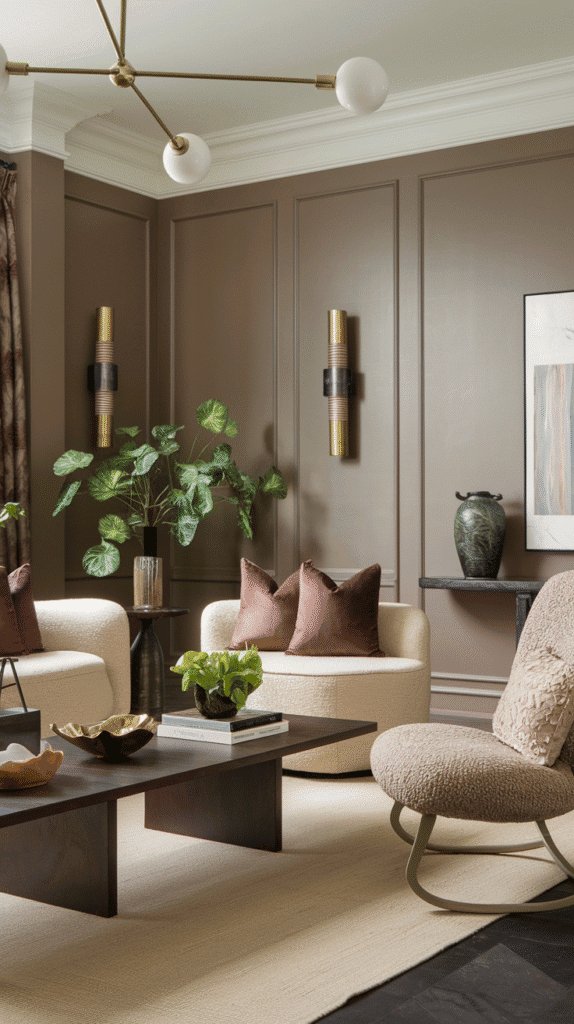 Warm neutral living room with taupe paint and earthy decor