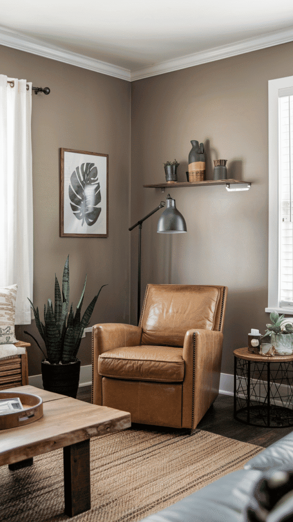 Warm neutral living room with greige walls and cozy accents