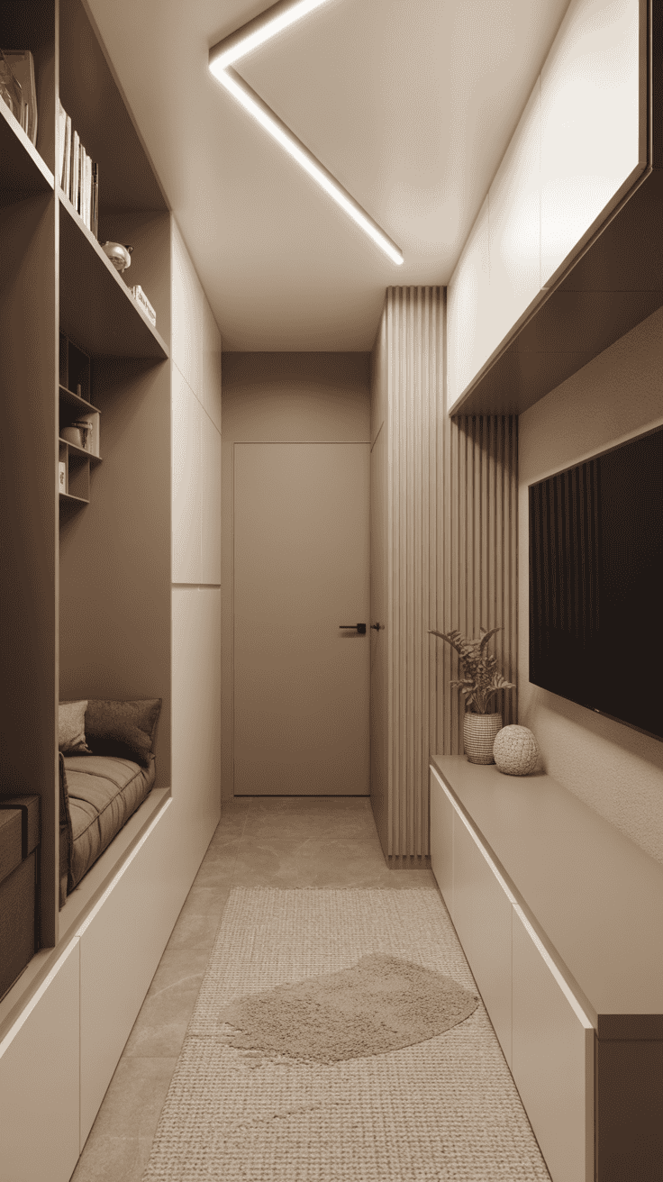 Stylish narrow basement layout showcasing modern design and space-maximizing solutions