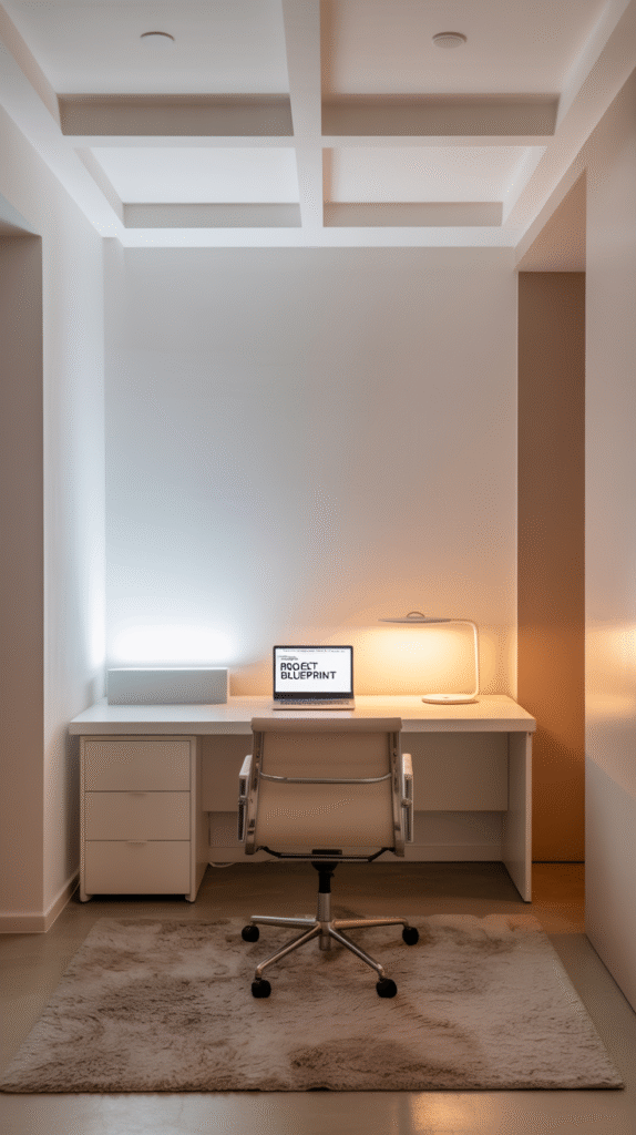Light and bright color scheme for Basement Office Ideas with white and beige walls