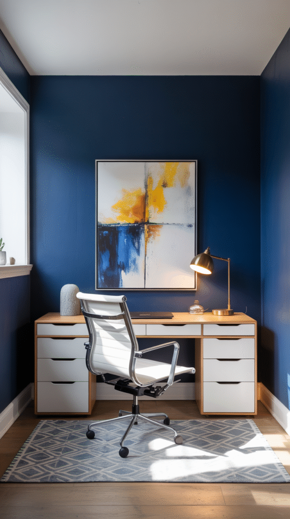Statement wall example in navy for modern Basement Office Ideas