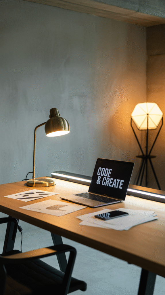 Layered lighting setup for bright and effective Basement Office Ideas