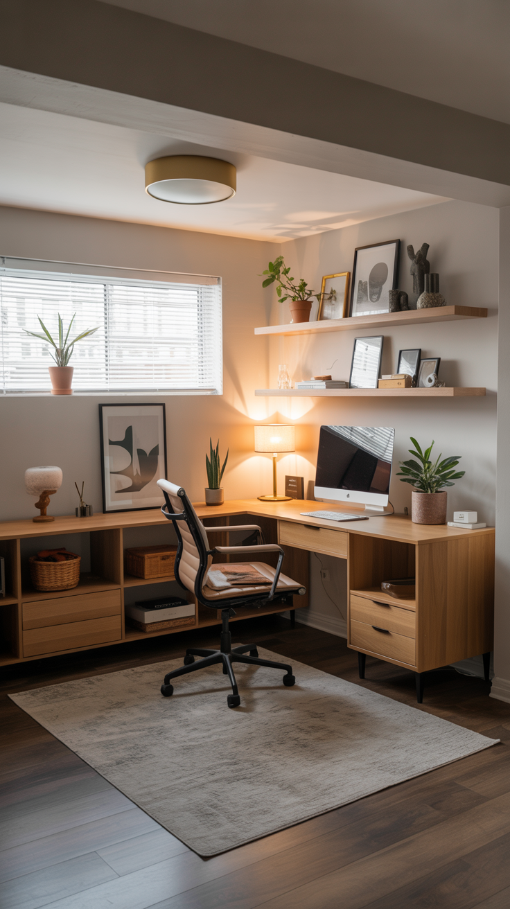 Cozy and inspiring Basement Office Ideas in a beautifully styled unfinished space