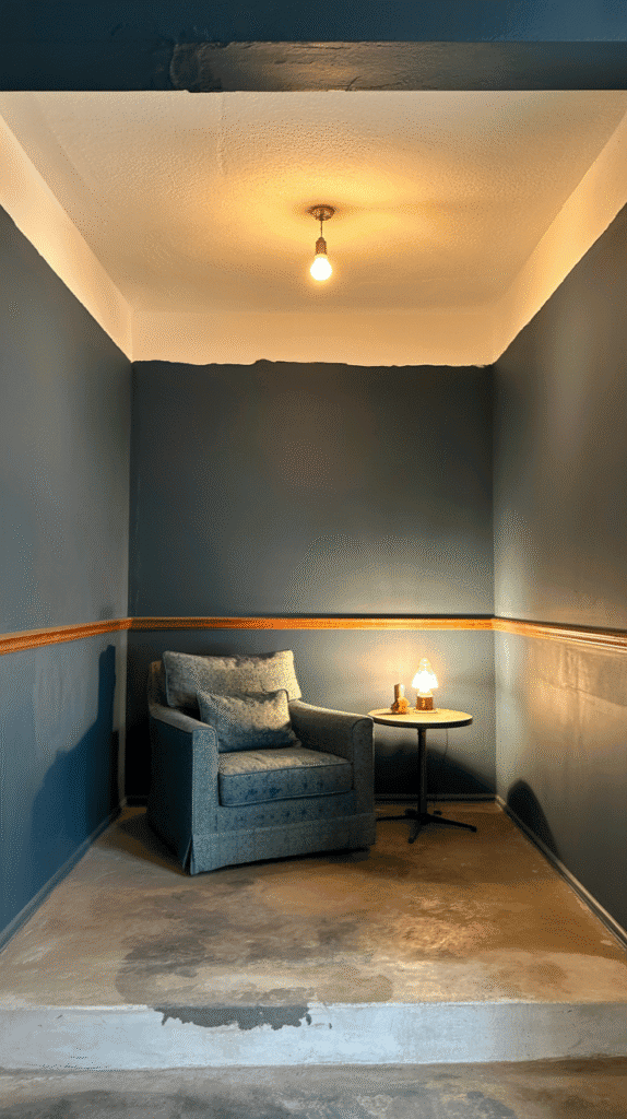 Two-tone basement paint ideas create height illusion with darker bottom and lighter top wall treatments