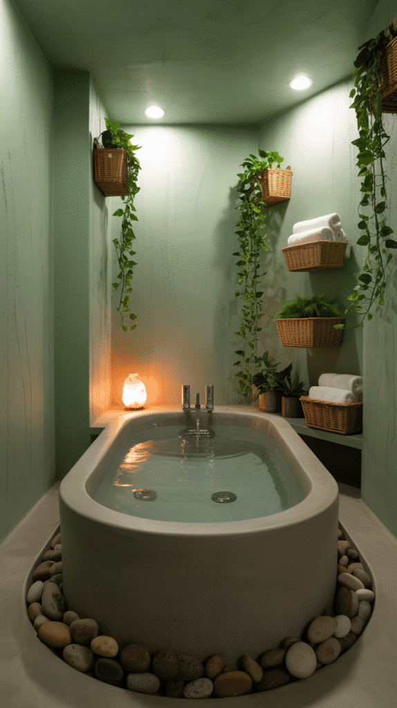 Soft sage green basement paint ideas bring natural calming vibes to underground living spaces