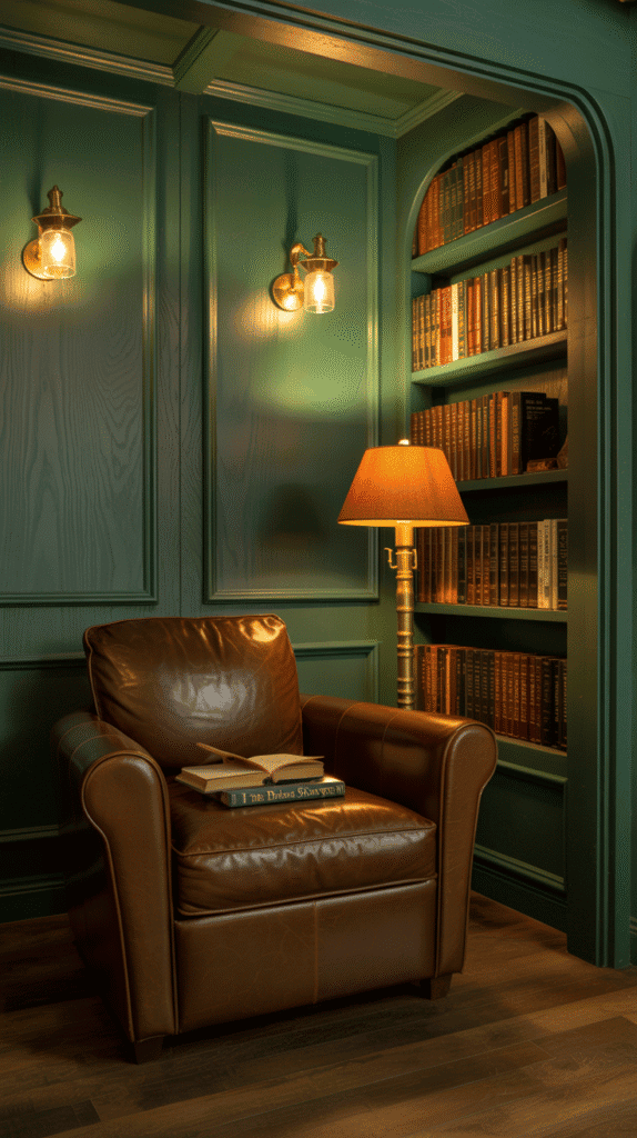 Forest green basement paint ideas transform underground spaces into cozy library-style retreats with rich color