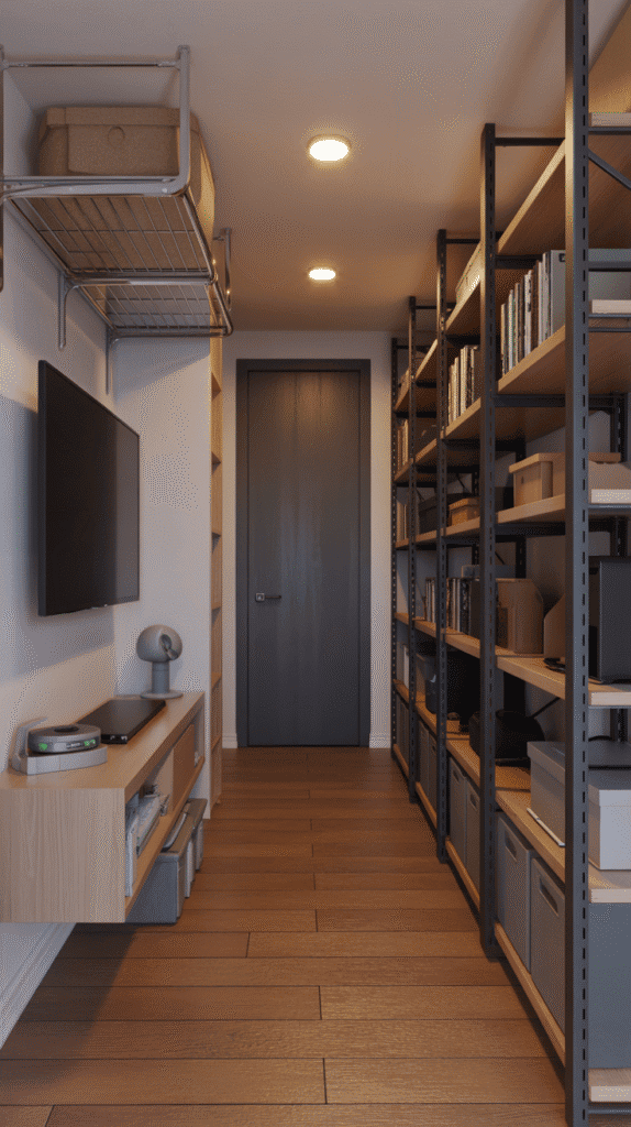 Vertical storage solutions in narrow basement layout with floor-to-ceiling shelving and wall-mounted components