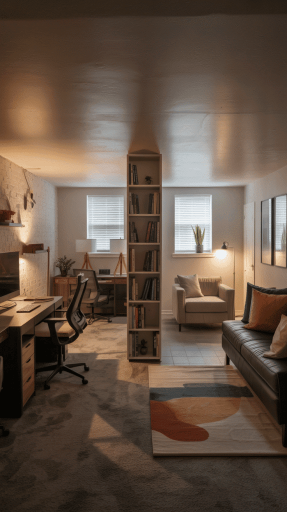 Smart zoning techniques for narrow basement layout using furniture and lighting to create distinct functional areas