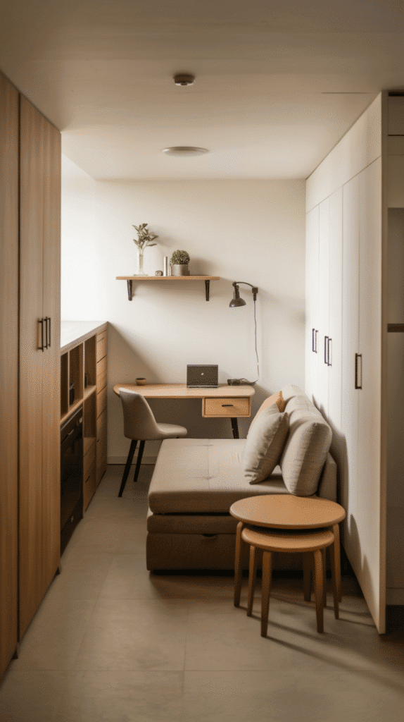 Multi-functional furniture pieces optimized for narrow basement layout including storage ottomans and convertible seating