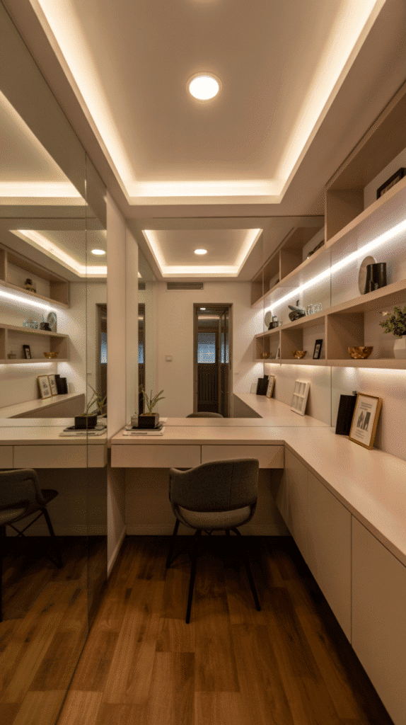 Professional lighting design for narrow basement layout with recessed lights and LED strips creating spacious feel