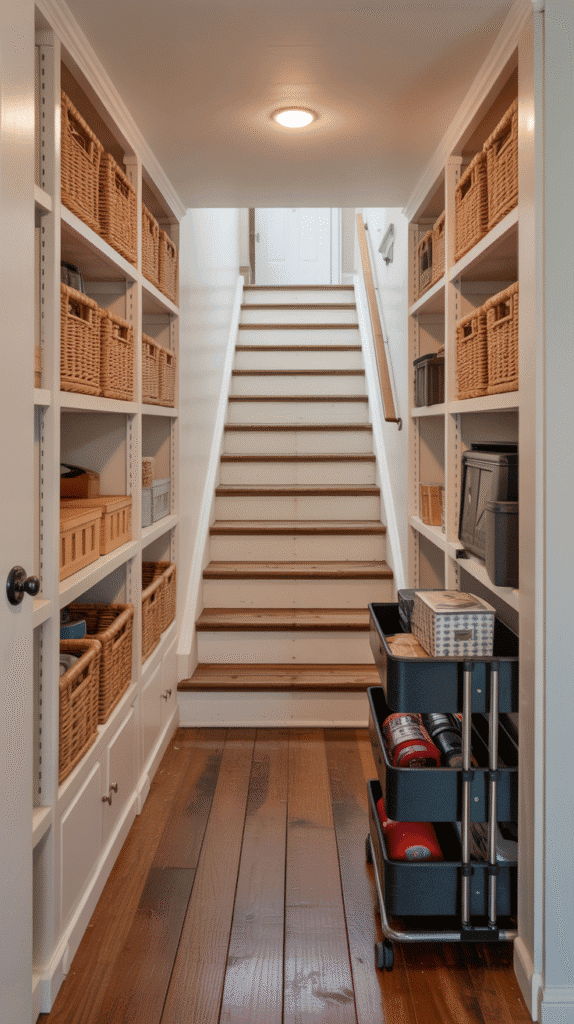 Creative storage solutions for narrow basement layout maximizing every available inch with built-in and hidden storage
