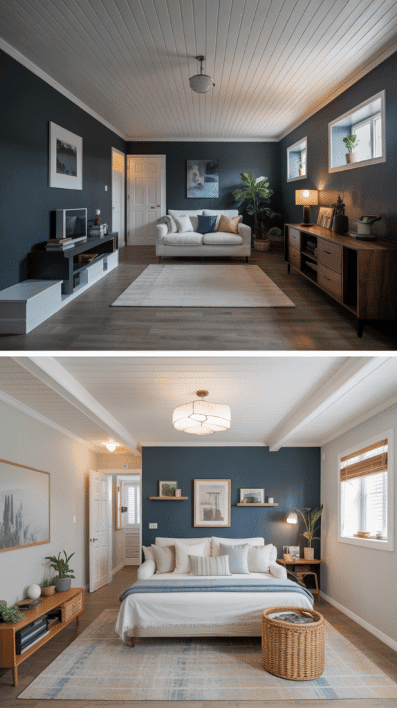 Light color scheme in narrow basement layout demonstrating how paint colors can make spaces feel larger and more open