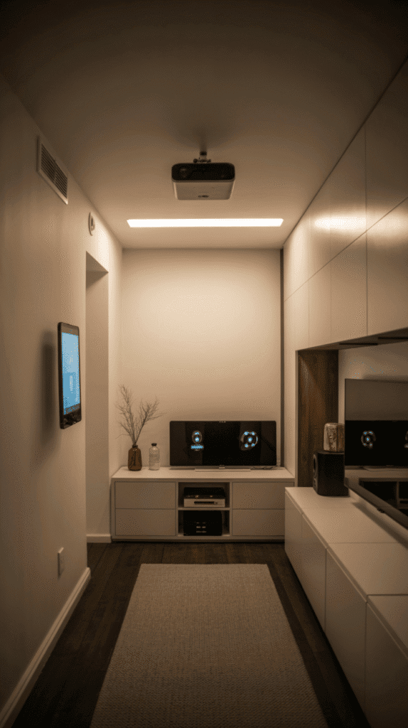 Smart home technology integration in narrow basement layout featuring wall-mounted devices and wireless solutions