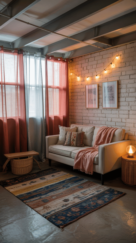 Cozy lounge corner using unfinished basement ideas on a budget with rugs and curtains