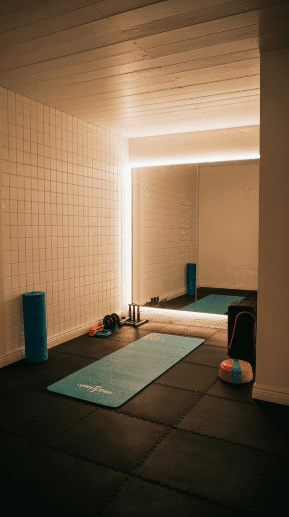 Budget-friendly home gym corner created using unfinished basement ideas on a budget