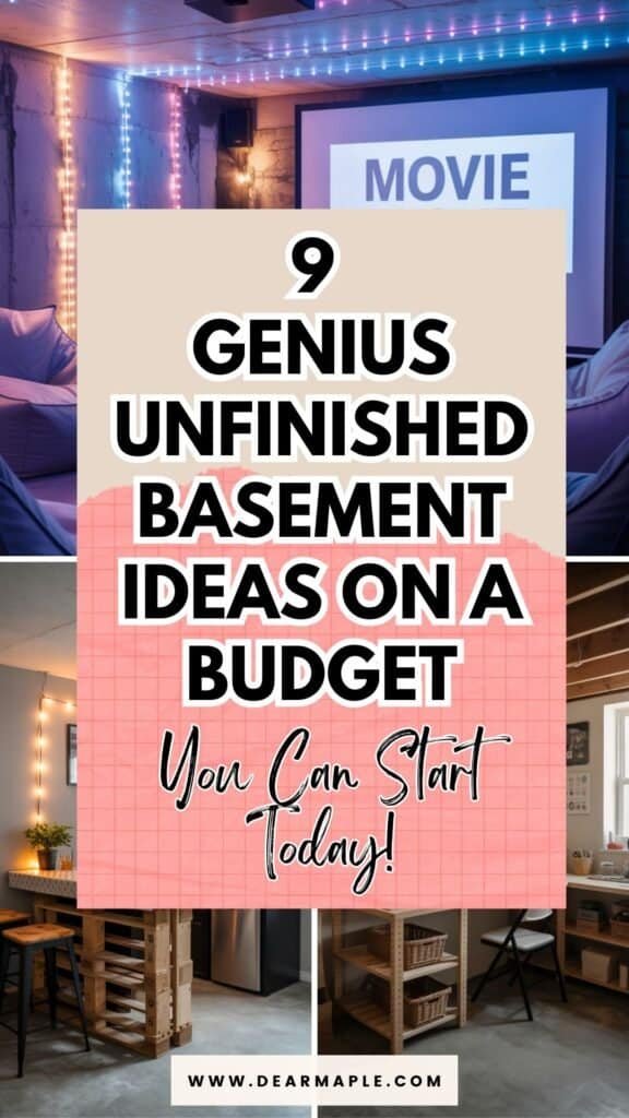 pinterest pin of unfinished basement ideas on a budget

