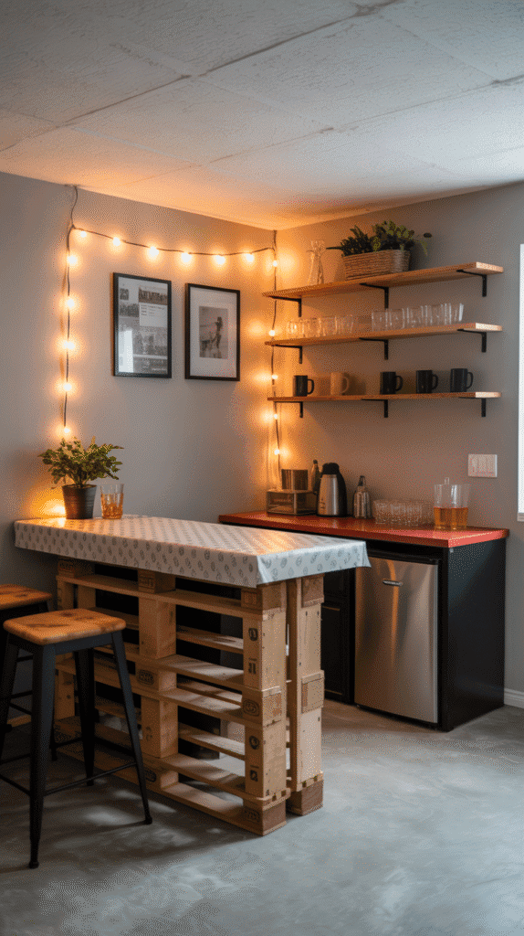DIY home bar setup using unfinished basement ideas on a budget for entertaining