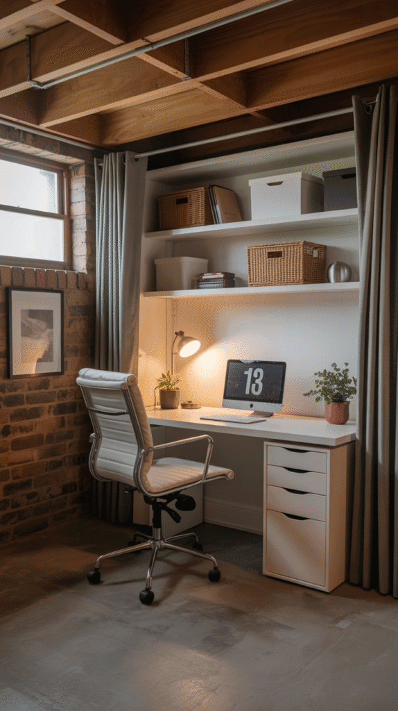 Compact and cozy home office nook made with unfinished basement ideas on a budget