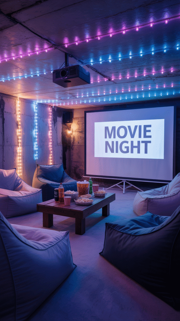 DIY movie and gaming room using unfinished basement ideas on a budget with moody lighting