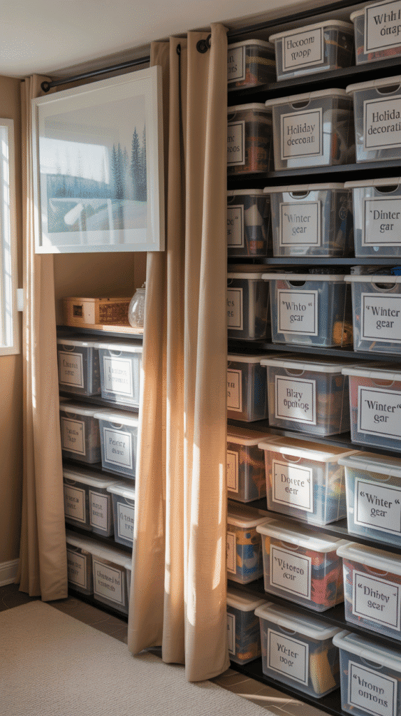 Hidden storage solution made with unfinished basement ideas on a budget and curtain decor