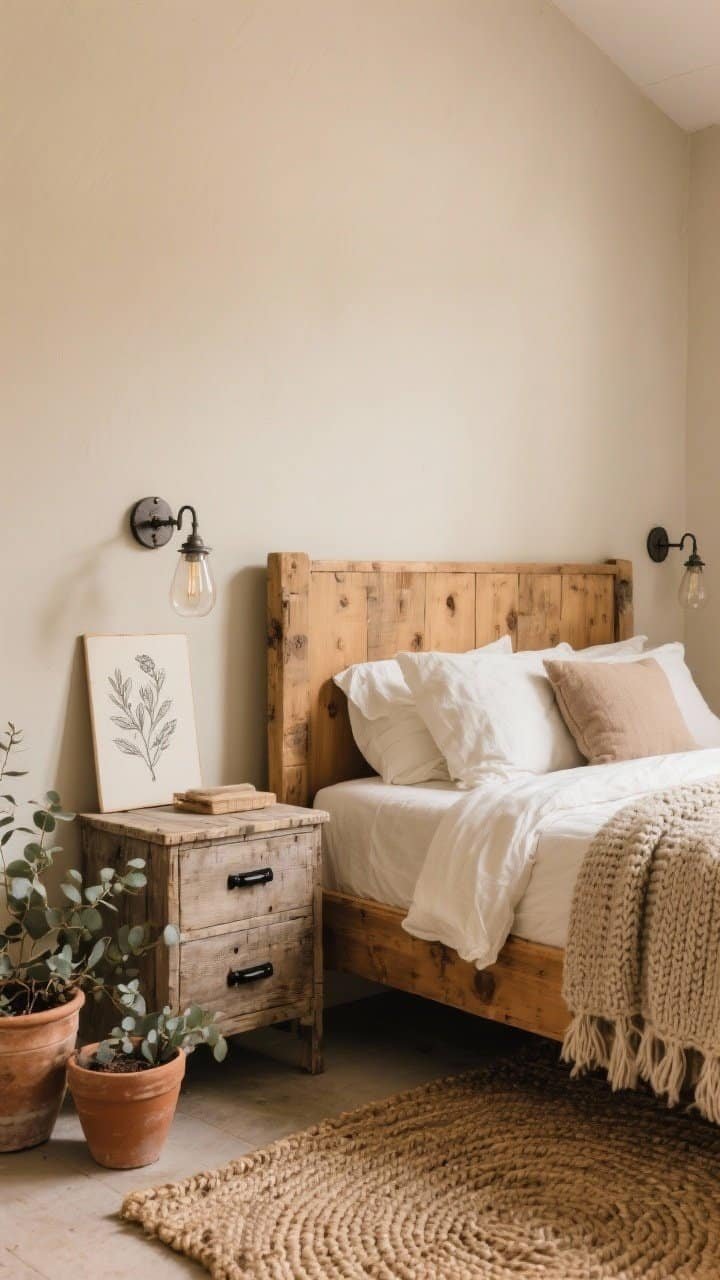 Corner-angle medium shot, Rustic Farmhouse Sanctuary: matte beige walls, reclaimed wood bed in a honeyed finish; stonewashed linen bedding in cream and mushroom with a chunky knit blanket at the foot; distressed pine nightstand with black iron pulls; industrial sconces mounted above; braided jute rug; terra-cotta pots with eucalyptus on the floor and nightstand; botanical sketches leaning casually against the wall; warm, grounded, cozy lighting.