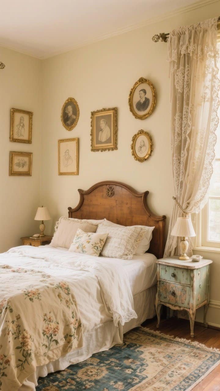 Cozy corner medium shot, Vintage Collected Charm: butter-beige walls; curved antique wood headboard; bed layered with mix-and-match linens in cream, tea-stained beige, and delicate florals; mismatched vintage nightstands each with its own small lamp; gold frames with portrait sketches arranged salon-style; lace-trim curtain layered behind heavier linen drapes; faded Persian rug underfoot tying tones together; warm, nostalgic light.