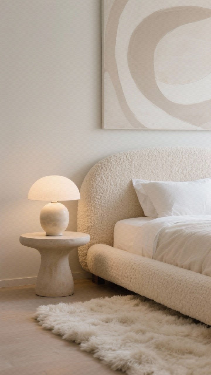 Detail closeup, Organic Modern with Curves: tactile focus on a rounded oat-boucle upholstered headboard and curvy light-ash nightstand; sculptural ceramic table lamp with soft glow; abstract neutral art with gentle arcs blurred in background; cream microplush rug plush fibers in foreground; low rounded bench edge visible; cohesive tonal palette, soft, calming illumination.