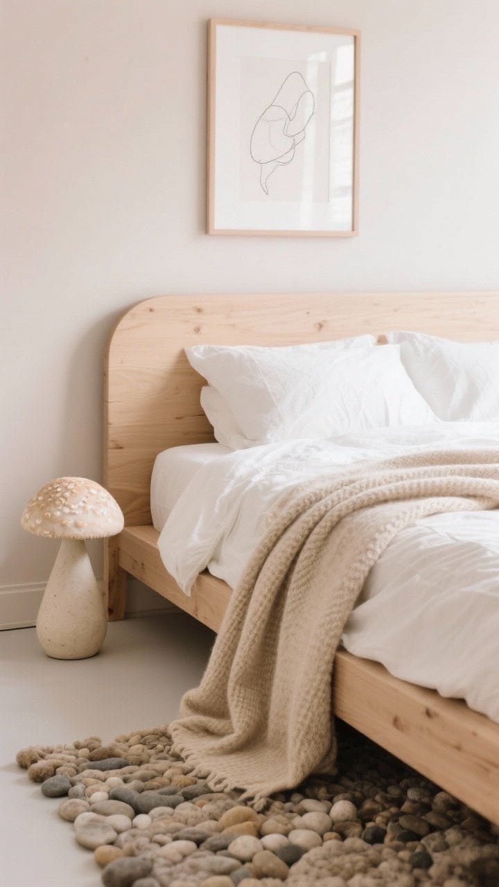 Detail closeup, Scandinavian Soft Modern: focus on a bleached oak bed with rounded edges dressed in a beige gauze duvet over white cotton sheets, a biscuit wool-blend throw draped casually; nearby mushroom-ceramic lamp base and the texture of a wool pebble rug under the bed’s edge; soft almond wall blurred in background; minimal graphite line drawing in a light wood frame partially in frame; bright, diffused daylight, serene feel.