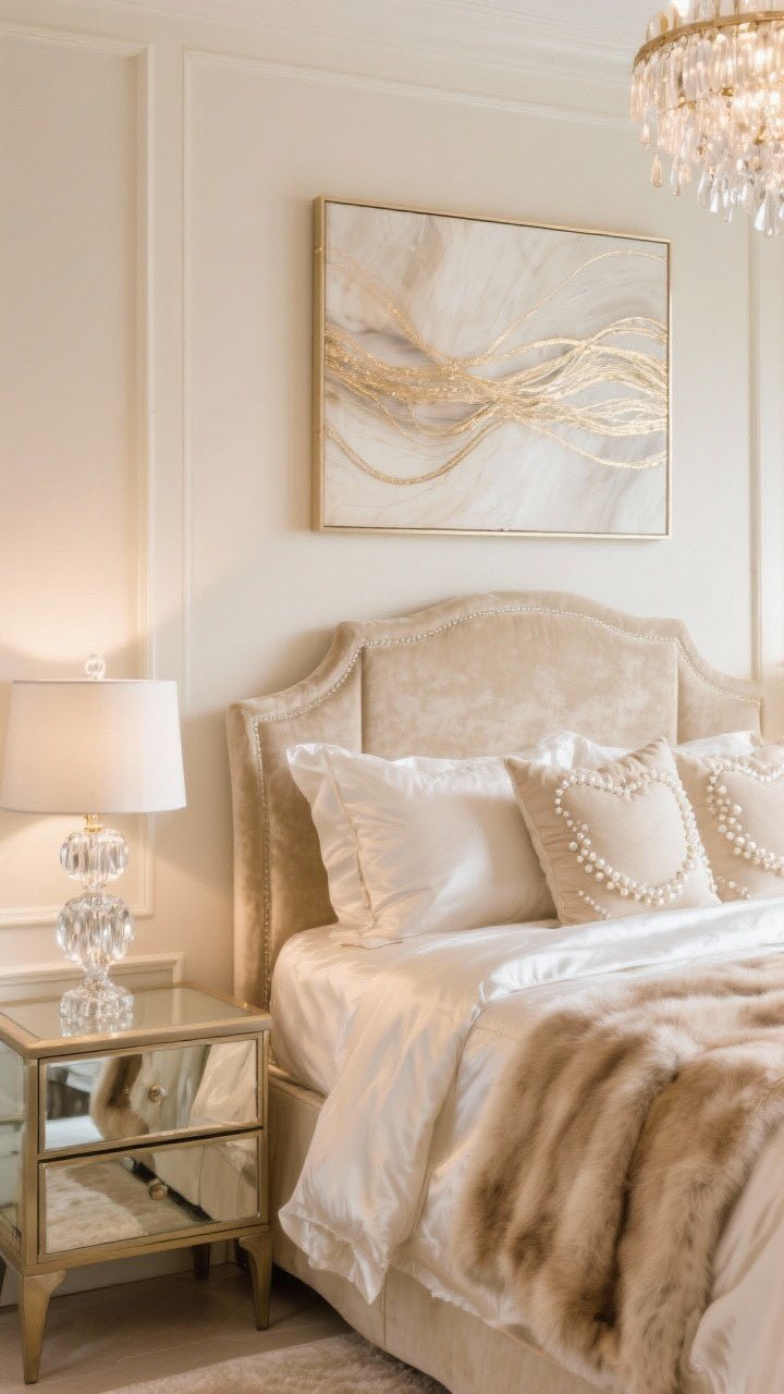 Glam detail shot, Soft Glam Champagne Layers: champagne beige walls with subtle satin sheen catching light; velvet wingback headboard; mirrored nightstand reflecting sparkle; silky sateen sheets with a fawn faux fur throw draped luxuriously; beaded accent pillows in sand and pearl; crystal finial lamp and a glimmer of a statement chandelier above; tonal abstract artwork with metallic threads in background; soft, elegant, luminous mood.
