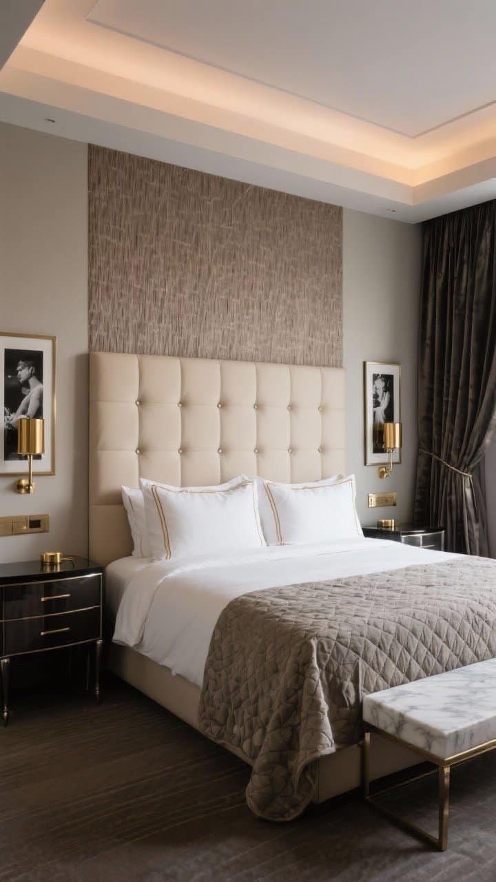 Luxury hotel-style medium shot, Luxe Hotel Suite: taupe grasscloth wallpaper behind a tall tufted headboard in champagne beige; bed made with hotel-crisp white percale sheets with beige piping, down pillows, and a stone-colored quilt; matching lacquer nightstands; polished brass sconces flanking the bed; marble bench at the foot; black-and-white photography in thin metal frames; velvet blackout curtains pooling dramatically; clean lines, intentional details, evening ambient lighting.