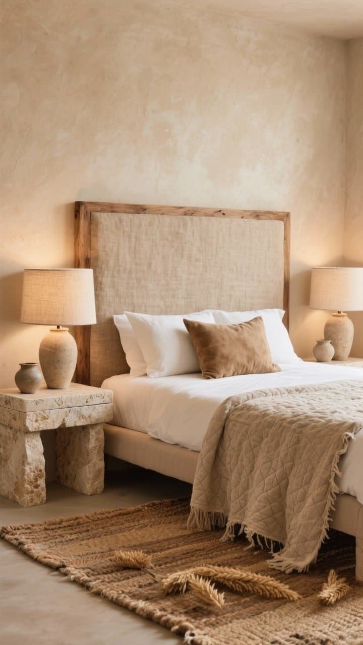 Medium shot, Earthen Textures + Stone Accents: plaster-look beige walls; combination headboard upholstered in nubby linen framed with oak; stone-look or travertine nightstands anchoring the sides; linen drum-shade lamps casting warm, soft light; bed layered with raw-edge linen shams, a suede lumbar pillow, and a heavy cotton matelassé cover; stoneware vessels on the nightstand; hand-loomed rug visible at the bed’s edge; warm tones of sand, oat, and wheat.