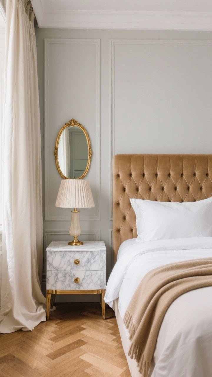 Medium shot, Modern Parisian Classic: silky greige walls with simple picture frame molding painted one shade lighter; camel velvet channel-tufted headboard as the focal point; herringbone parquet floors; cream drapery pooling softly at the floor; marble-topped nightstand with antique brass hardware holding a pleated linen lampshade lamp; a gold-rim mirror reflecting light; a warm beige cashmere throw folded on the bed; elegant, polished atmosphere, soft daylight.