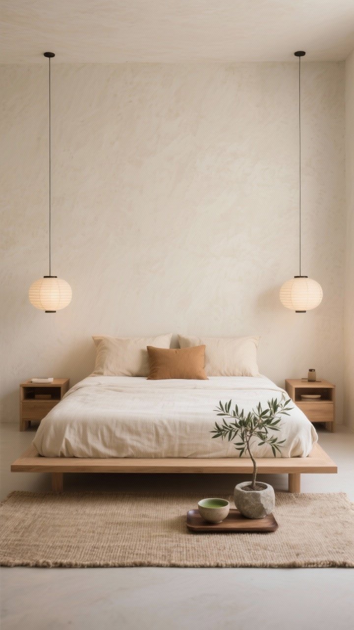 Minimalist straight-on medium shot, Japandi Zen Minimal: soft beige limewash walls with subtle texture; low-profile beechwood platform bed; tightly made bedding with ecru duvet, beige linen shams, and a single tan lumbar pillow centered; floating nightstands; paper lantern pendants offering soft diffuse light; flatwoven oat wool rug; a single olive tree in a stone planter; ceramic matcha bowl on a tray; calm, uncluttered, serene mood.