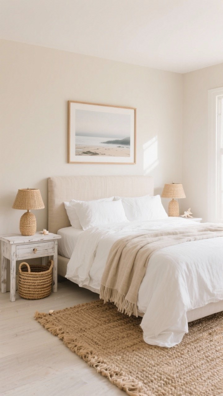 Wide room shot, Coastal Linen Retreat: sand-beige walls, linen-upholstered headboard in pale oat, bed dressed with crisp white sheets, beige linen duvet, and an oatmeal throw at the foot; whitewashed wood nightstands with rattan bedside lamps; woven jute rug underfoot; seagrass baskets tucked beside the nightstands; muted coastal prints (foggy horizons) in thin oak frames on the walls; soft natural morning light streaming in, airy beachy mood, no seashells, photorealistic.