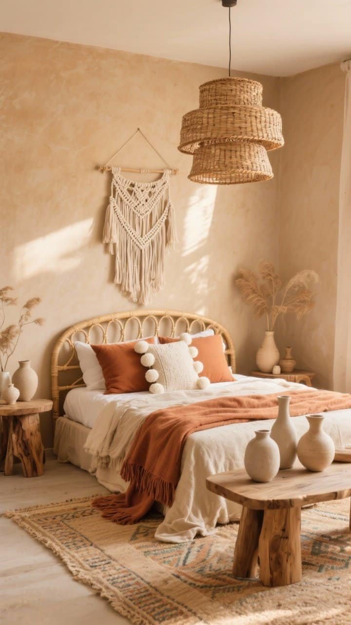 Wide room shot, Desert Dune Boho: warm beige-clay walls; curved cane headboard; layered textiles in beige and terracotta including a clay-colored throw and cream pom-pom pillows; Moroccan-style rug with sandy patterning; basketweave pendant lights overhead; stacked mango wood side tables; macramé wall hangings in natural cotton; chalky neutral ceramic vases grouped on a table; sun-warmed, tactile ambiance, golden-hour light.