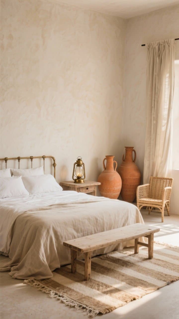 Wide room shot, Earthy Mediterranean Calm: chalky beige limewashed walls; plaster-look bed frame or flax-upholstered bed; unlined linen drapery moving gently; terracotta amphora vases grouped near the wall; aged brass lanterns on a rustic bedside surface; simple rattan seating; flat rustic bench at the foot of the bed; natural wool kilim with sandy stripes; sun-washed, airy, earthy glow in late-afternoon light.