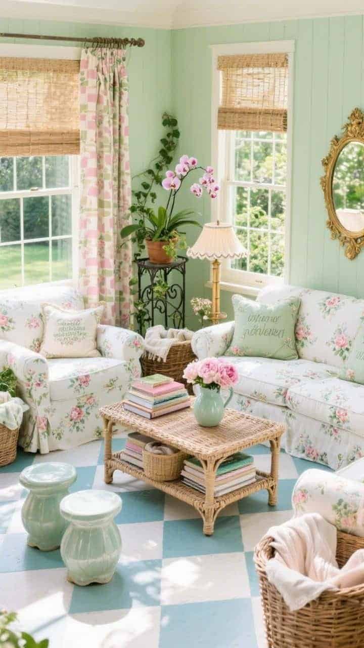 Bright, sunlit wide shot of a garden-party sunroom from an overhead corner perspective: pistachio walls, floral chintz slipcovers on rolled-arm sofas, a whitewashed rattan coffee table with stacked garden books and a pitcher of peonies; windows dressed in block-print curtains layered over woven shades; painted checkerboard floor adding charm; mixed baskets corralling throws; a vintage iron plant stand overflowing with trailing ivy and orchids; finishing touches include scalloped lampshades, needlepoint cushions with cheeky phrases, and a gilt bamboo mirror; textures of rattan, cotton voile, linen, glazed ceramic stools in mint and blush; airy, romantic palette of pistachio, petal pink, cream, leaf green, soft sky blue; photorealistic.