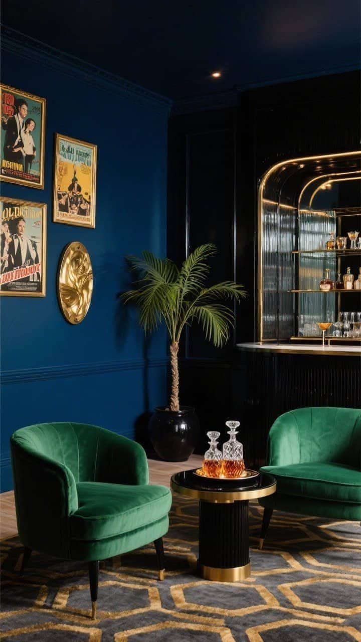 Corner angle, Gilded Deco Cocktail Corner: inky navy walls with one lacquered black accent wall behind a mirrored bar cabinet with fluted glass and slim brass trim; pair of forest-green velvet art deco club chairs facing a petite black-lacquer-and-brass drinks table; geometric rug in charcoal and gold; bar styled with cut-crystal decanters, amber bottles on a hematite tray; vintage movie posters in thin brass frames; a single sculptural palm in a black ceramic pot; moody, Old Hollywood evening lighting.
