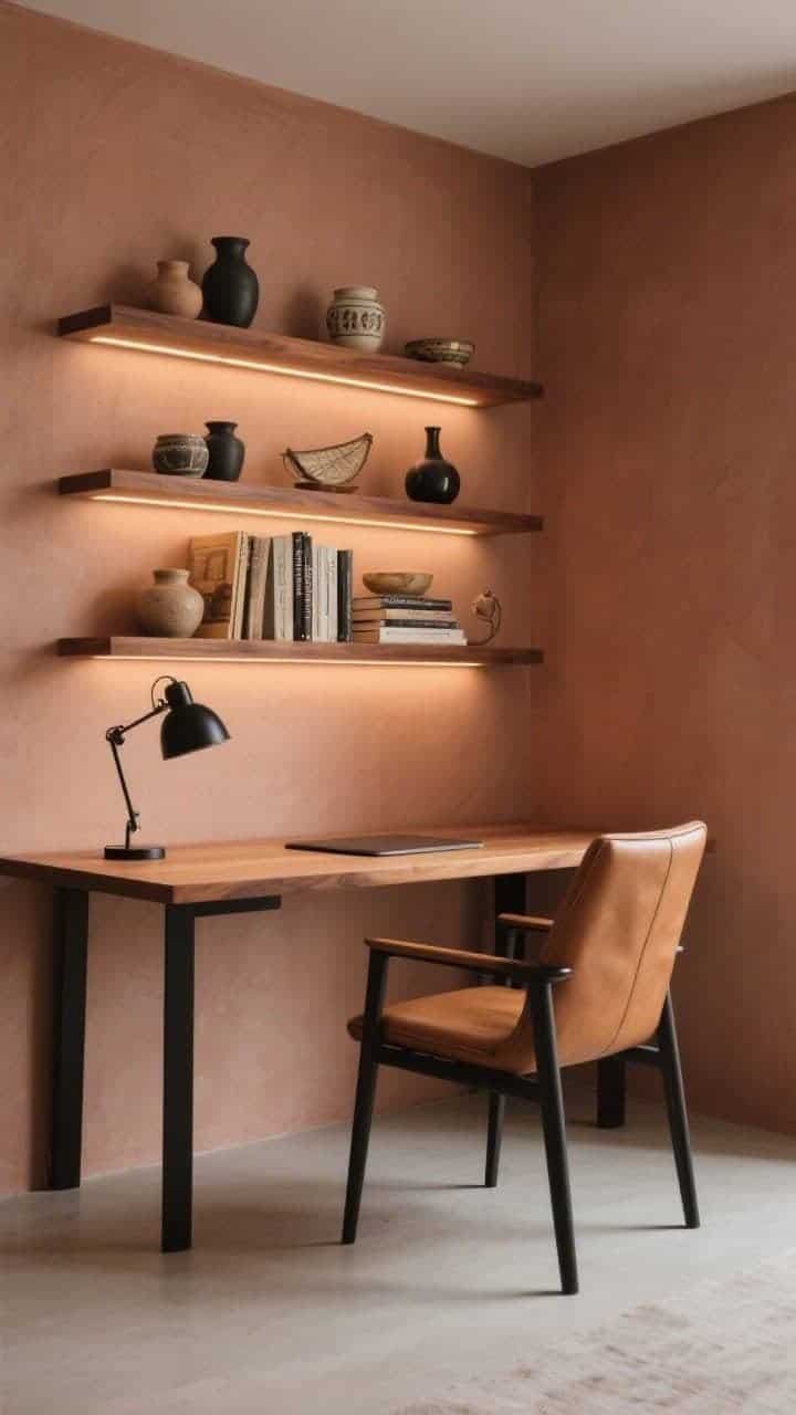 Corner-angle home office, medium shot: muted clay walls (terracotta/taupe) with clean-lined floating shelves featuring integrated warm LED lighting; slim wood slab desk with black legs; ergonomic tan leather chair; shelves styled with ceramics, vintage books, and travel objects arranged in odd-number clusters with negative space and stepped heights, repeating walnut and matte black materials; matte black desk task lamp; warm, cozy ambiance; photorealistic.