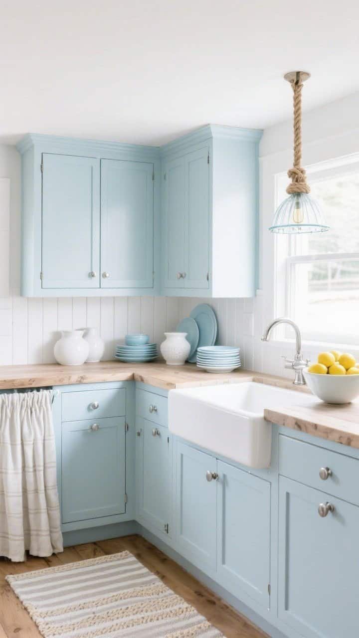 Corner wide shot, Coastal Clean with Soft Blues: cool white walls, pale blue cabinet fronts with satin nickel hardware, white beadboard backsplash (painted MDF look), counters in butcher block or light faux stone, woven textures present via a rope-detailed glass pendant over sink, striped cotton runner on floor, pale linen café curtains, décor of white ceramics, soft-blue dishware, and a bowl of lemons; soft daylight, breezy beach-cottage calm, photorealistic.