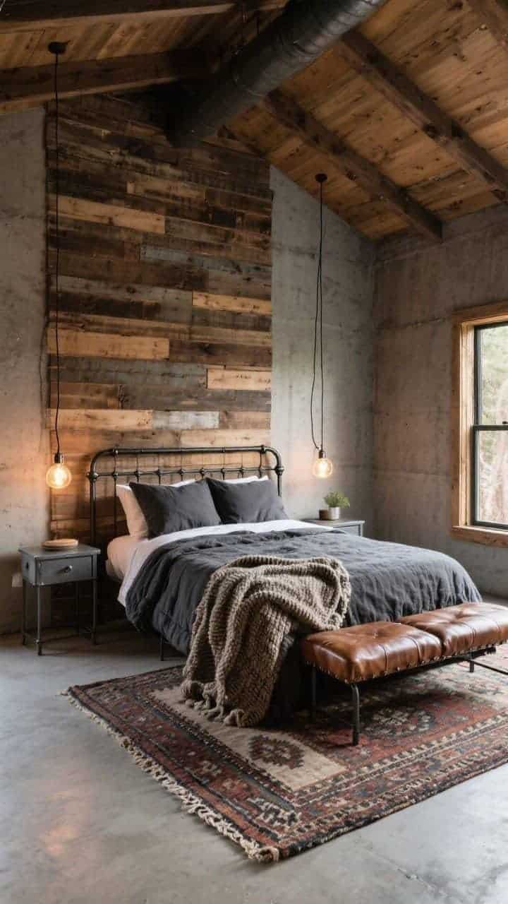 Corner wide shot: warm industrial cabin with reclaimed barnwood accent wall, iron canopy bed, Edison-style pendants on simple cords, concrete-look painted walls, saddle leather bench at foot of bed, charcoal flannel duvet, graphite metal side tables, kilim runner and chunky woven throw to soften; balanced rugged-refined aesthetic, warm pendant glow mixed with natural light.