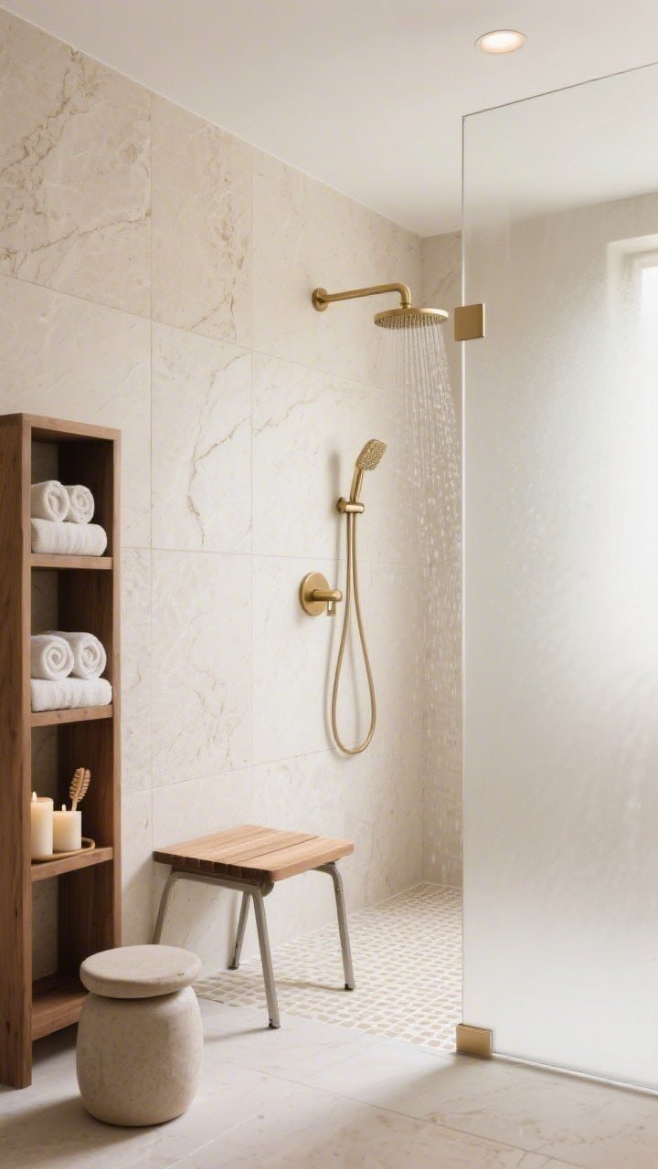 Detail closeup, angled: A serene vignette of creamy stone-look porcelain slab walls with minimal seams meeting a frosted fixed shower panel that softly blurs the interior, under diffused spa-like lighting. Brushed brass fixtures—slim rain head and minimalist lever—gleam warmly against the neutral palette. Foreground shows a fold-down teak seat partially extended above an ivory-beige micro-mosaic floor for slip resistance. Nearby, a narrow oak tower stacked with rolled towels and a small ceramic stool ready for candles or bath brushes; calm, Scandi-inspired textures and tones.