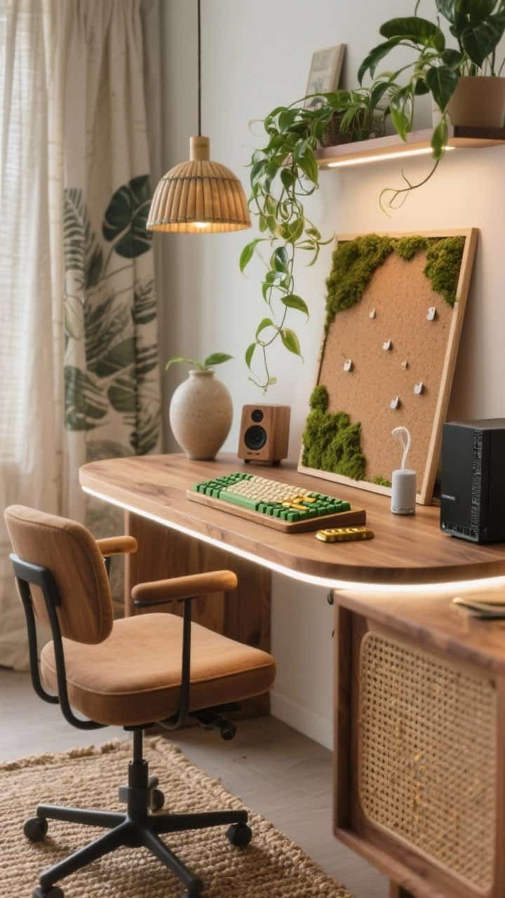 Detail closeup: Biophilic calm den textures and objects on and around a rounded-edge mid-tone oak desk next to a rattan-front media console; focus on woven cane, cork pinboard surface (visible edge) and mossy upholstered supportive task chair; warm white LEDs under the desk lip casting a soft glow, bamboo pendant blurred in background; ceramic lamp with concealed plant grow light illuminating a trailing pothos; linen drapes and leafy print partially visible, jute rug with a cushy chair mat edge; wood-grain controller dock, green-and-gold custom keycaps, small speaker displaying ambient rain sound; mini humidifier beside the PC tower; serene, restorative mood, photorealistic.