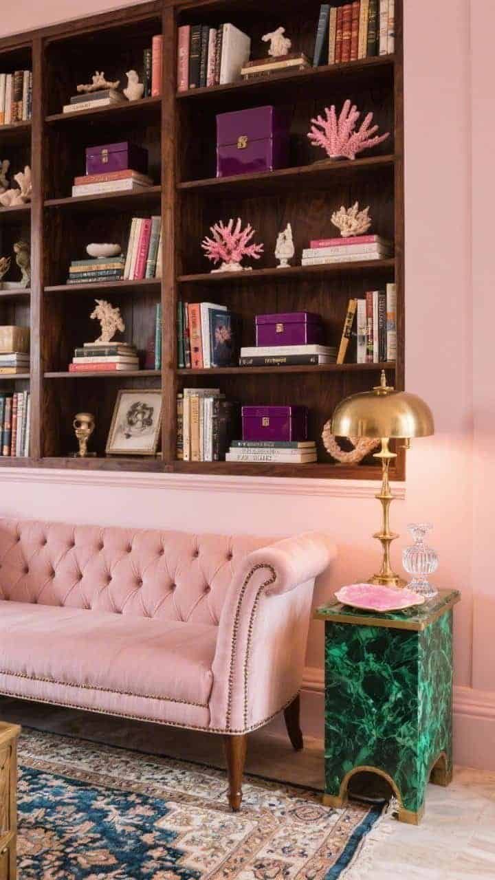 Detail closeup — Blush-painted wall behind dark walnut bookcases filled to the brim: books, coral pieces, tiny sculptures, glossy lacquer boxes in carnation and aubergine; foreground shows a dusty-rose tufted chaise edge with a vintage Persian runner below; brass pharmacy lamp glinting beside a malachite side table topped with a pink onyx tray and cut crystal; intimate lamplight, crisp texture focus.