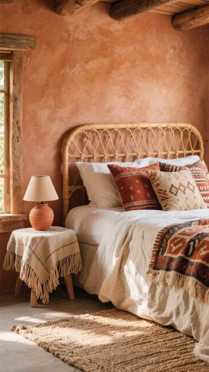 Detail closeup: boho cabin textures—soft terracotta wall behind a rattan headboard, clay-toned linen duvet, mixed patterned pillows in rust, sand, and cream; edge of tapestry visible behind bed, layered jute and flat-weave rugs beneath; terracotta planter and clay lamp on a small table, fringed throw draped casually; sun-warmed natural light, earthy and effortless.
